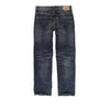 mid wash denim worn look straight leg jeans